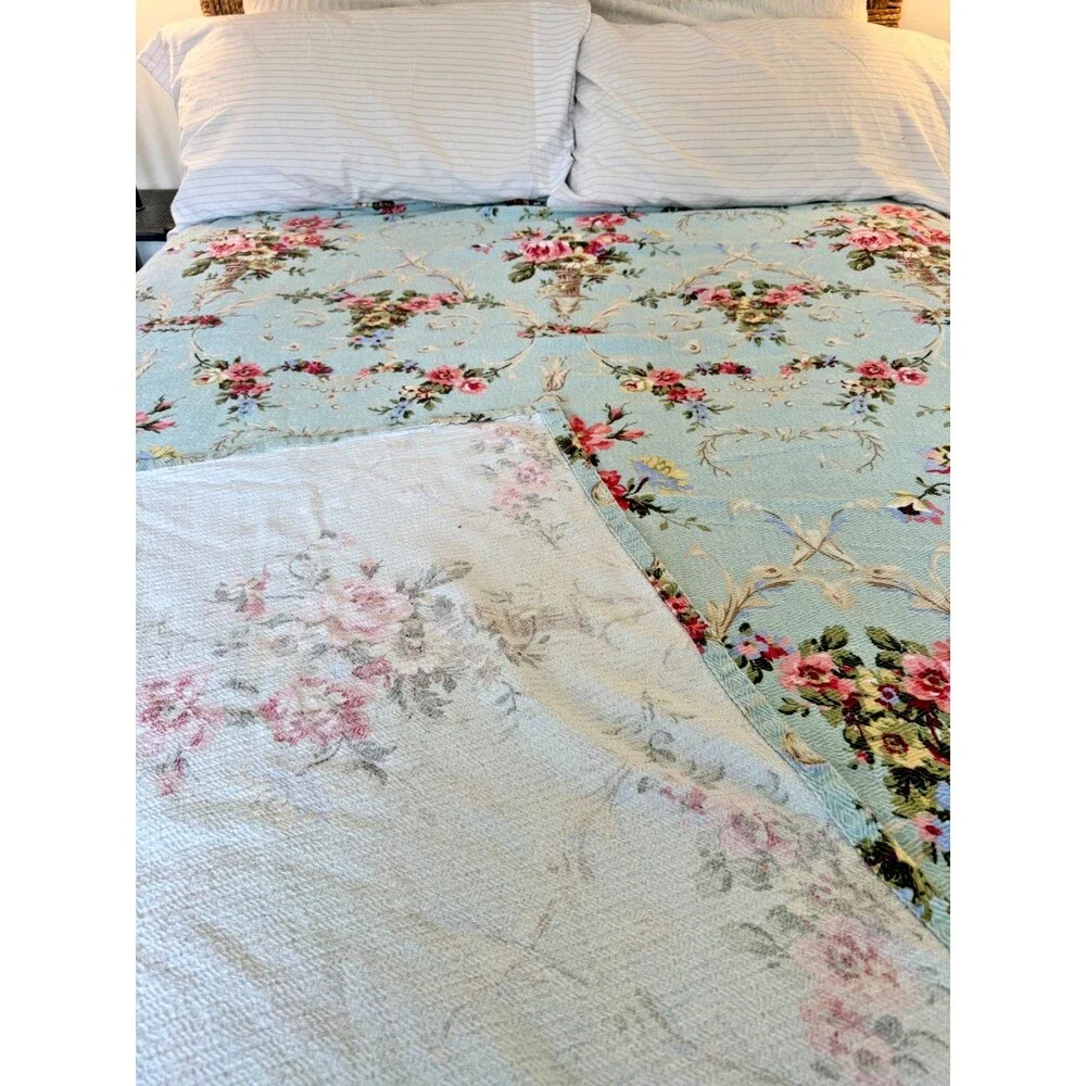 2 Vtg Floral Bedspreads Coverlets TWN Aqua Blue Pink Roses Shabby Cottagecore